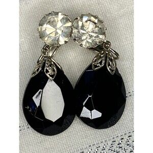 Vintage Black Stone Rhine Stone Clip On Earrings Dangle